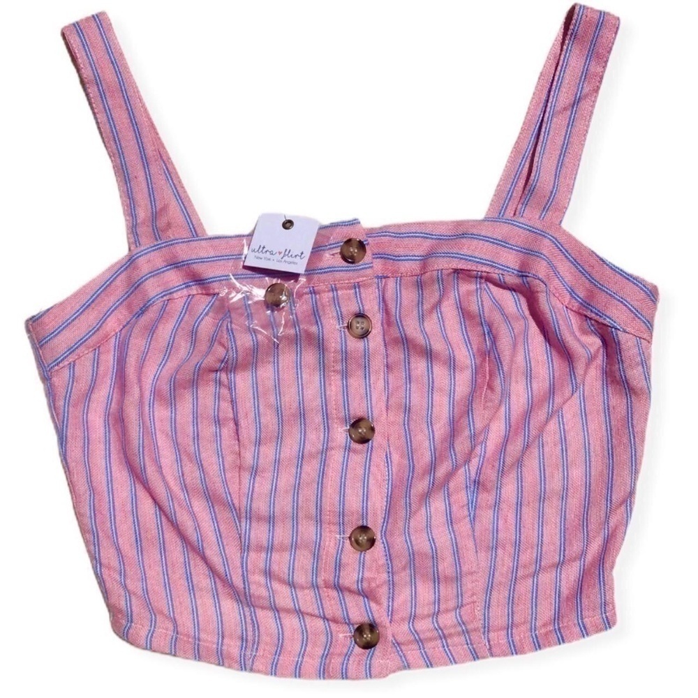 Pink & Blue Stripe Linen Blend Crop Top